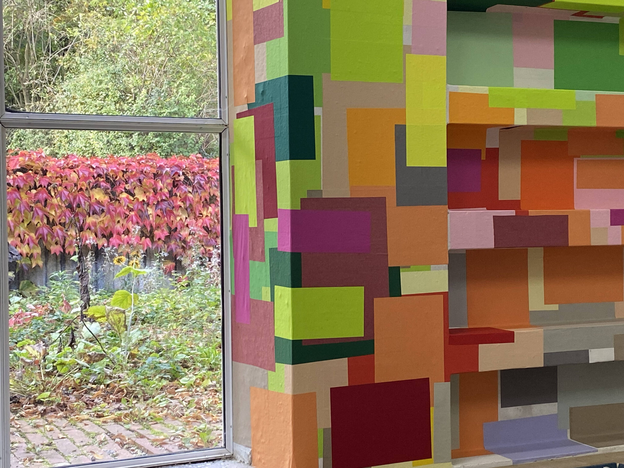 Titelbild der Website von Annegret Hoch (Foto: Kirstin Wanninger) – Titelbild der Website von Annegret Hoch, mit bunten Rechtecken beklebte Wand rechts, links ein Fenster mit Blick in einen Garten mit herbstlich bunten Blättern. (Foto: Kirstin Wanninger)